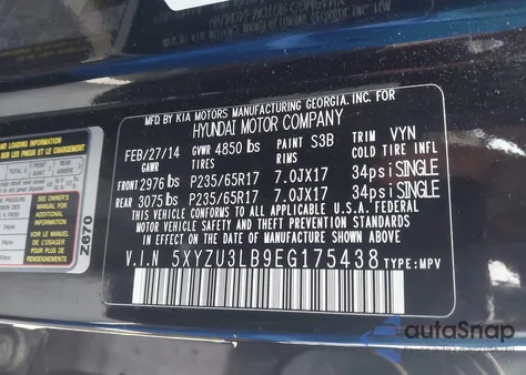 2014 Hyundai Santa Fe Sport 2.4L z USA, uszkodzony, nr VIN 5XYZU3LB9EG175438